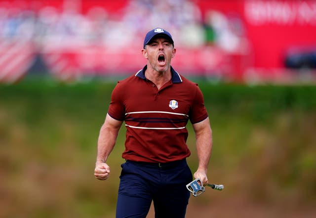 <p>Rory McIlroy roars during Saturday's raucous fourballs</p>
