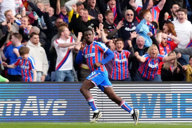 Crystal Palace’s Eddie Nketiah celebrates after scoring the winner (Jonathan Brady/PA)