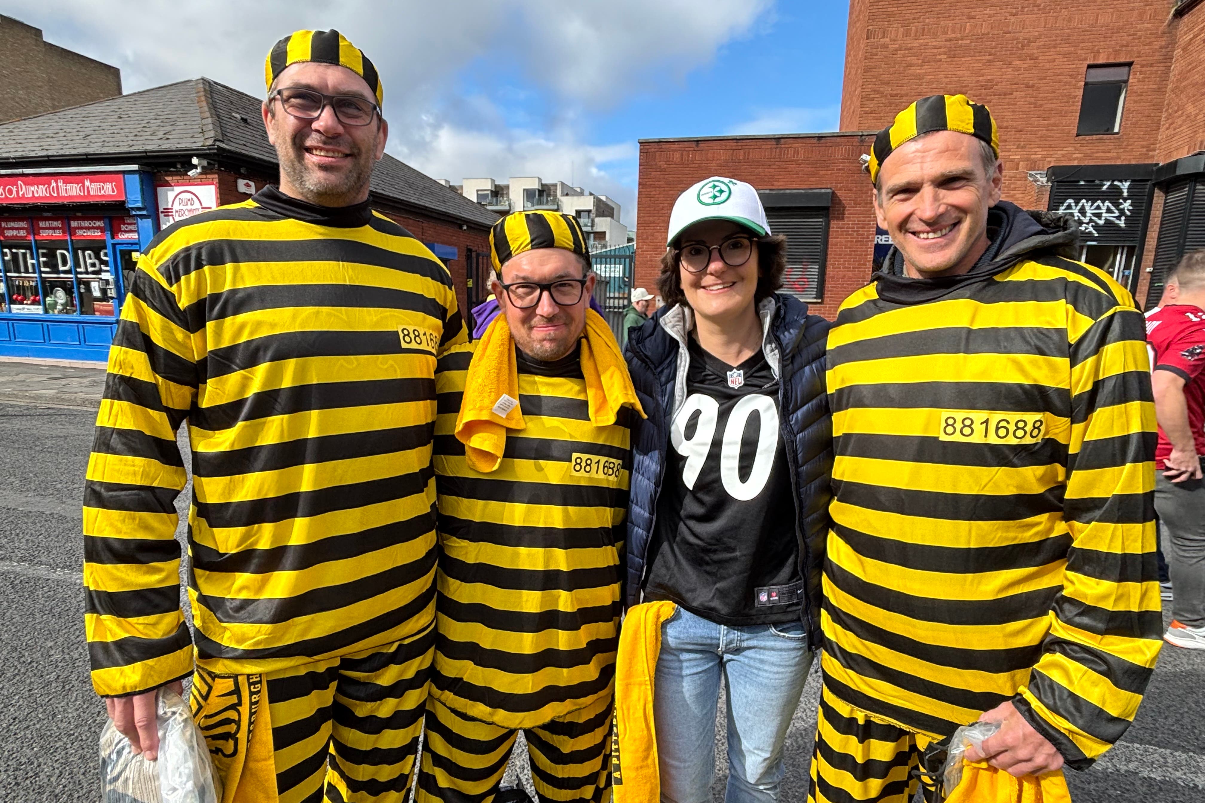 Pittsburgh Steelers fans from France arrive at Croke Park in Dublin for the NFL league match between their team and the Minnesota Vikings. (Rebecca Black/PA)