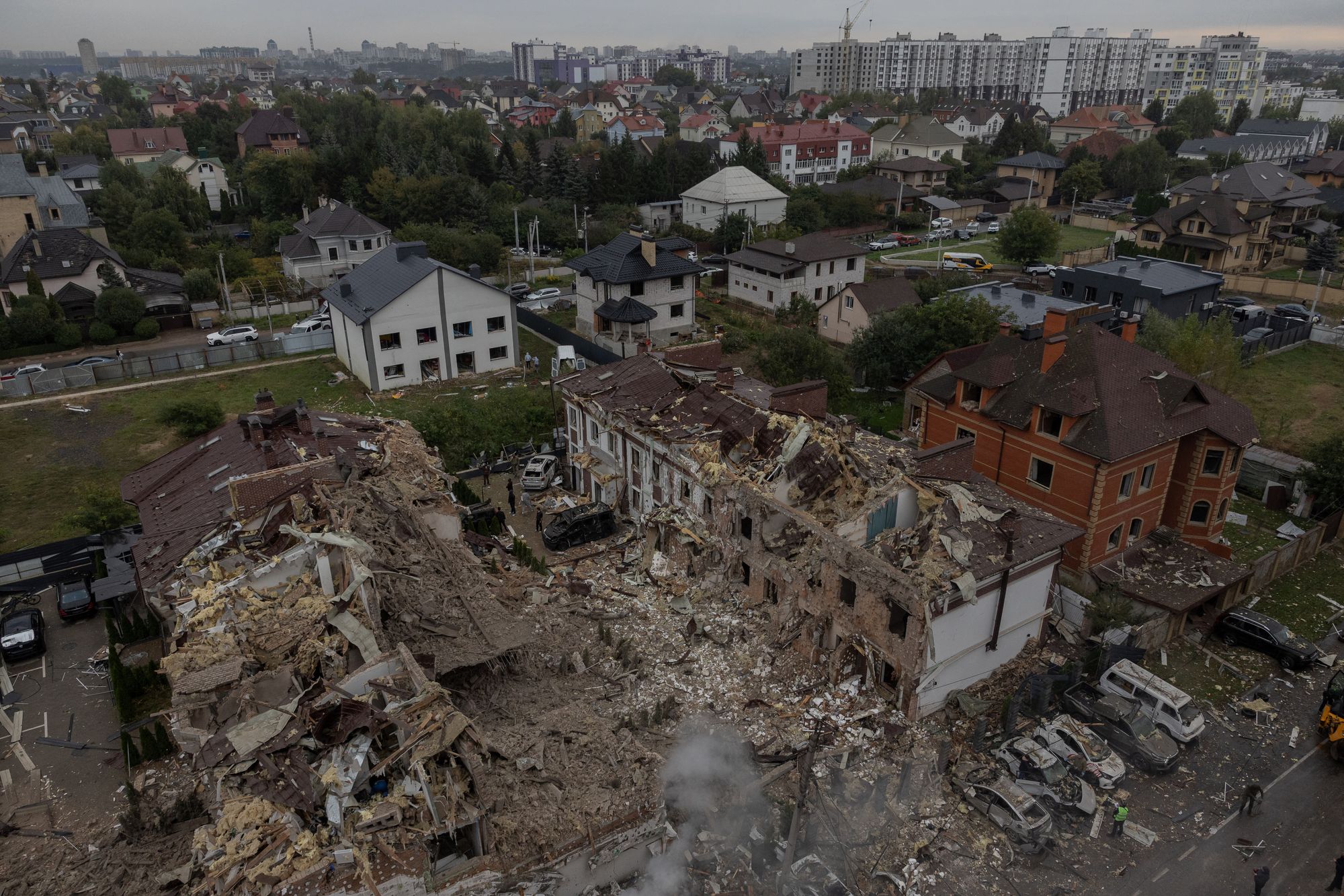 A general view shows destroyed residential buildings during Russian air attack in Kyiv, on September 28, 2025