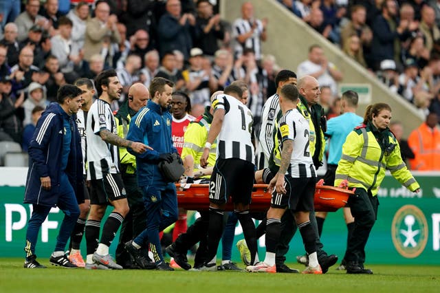 <p>Newcastle defender Tino Livramento suffered a knee injury during the 2-1 home defeat by Arsenal</p>