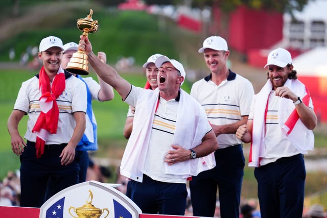 Rory McIlroy and Team Europe celebrate with the Ryder Cup (Mike Egerton/PA)
