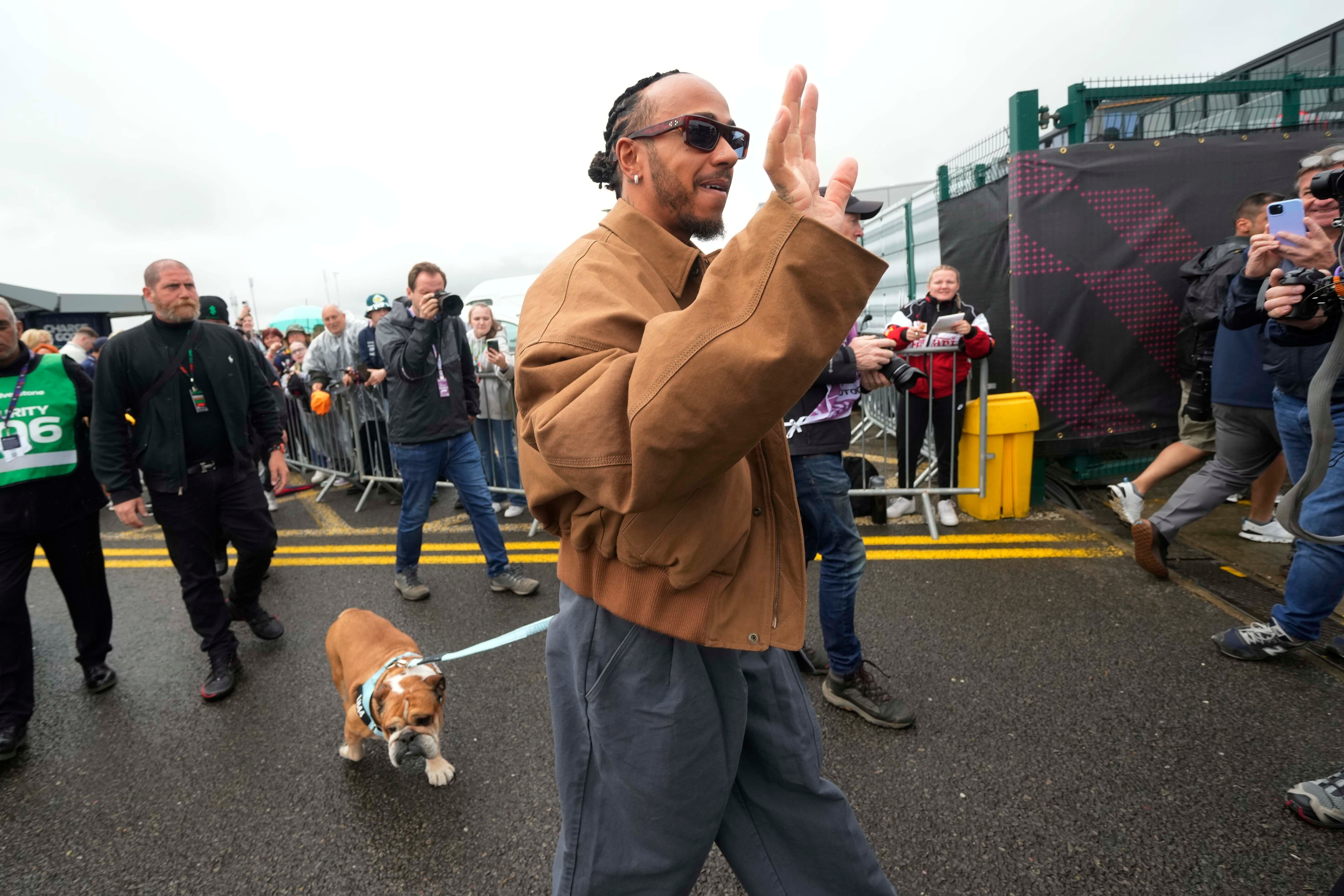 <p>Lewis Hamilton with his dog Roscoe </p>