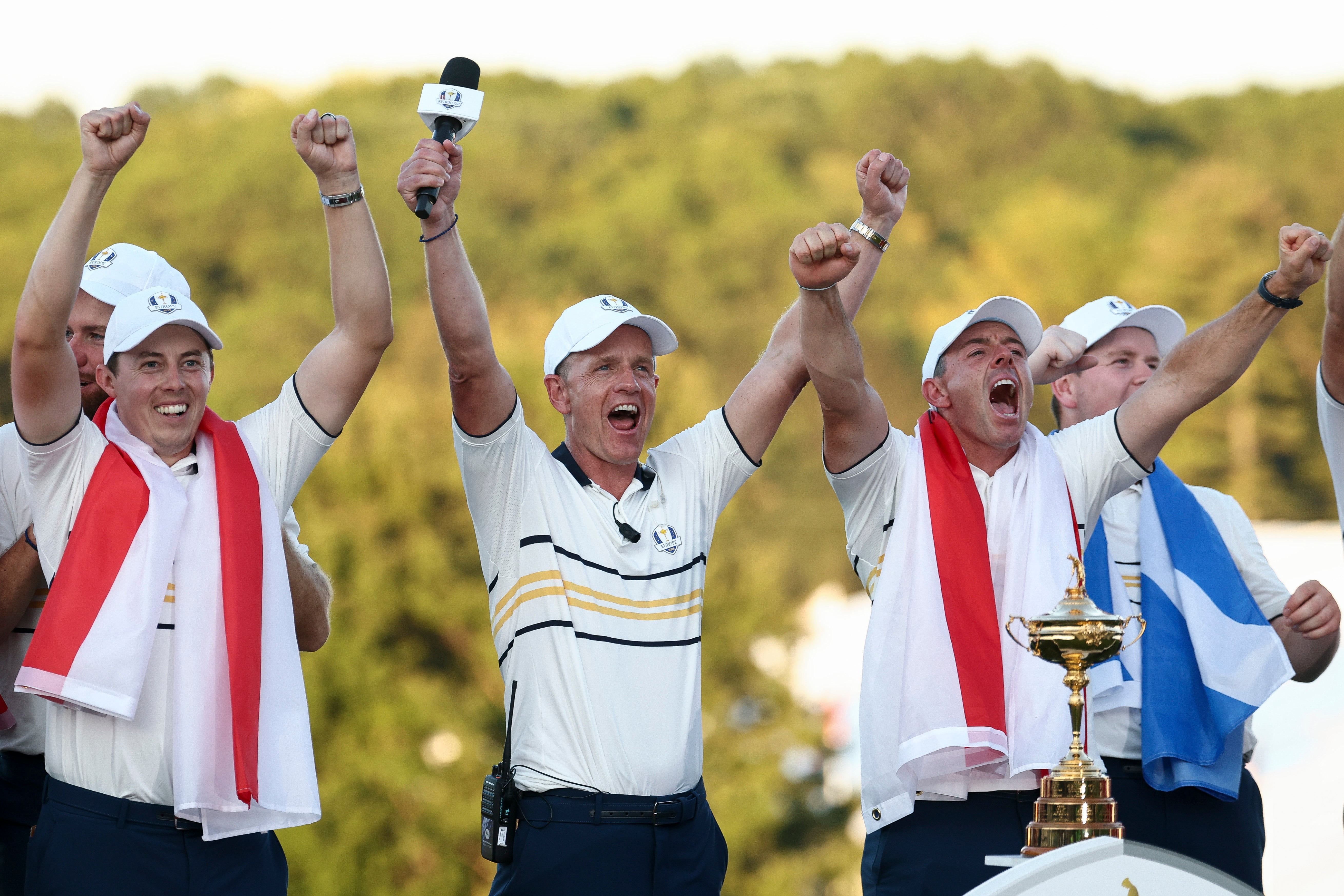Matt Fitzpatrick, Donald, Rory McIlroy and Bob MacIntyre of Team Europe Team celebate