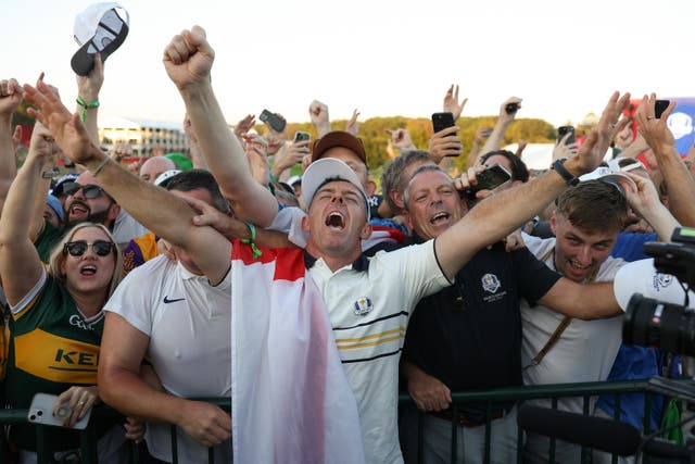<p>Rory McIlroy of Team Europe celebrates with the fans during the Sunday singles matches of the 2025 Ryder Cup in New York State</p>