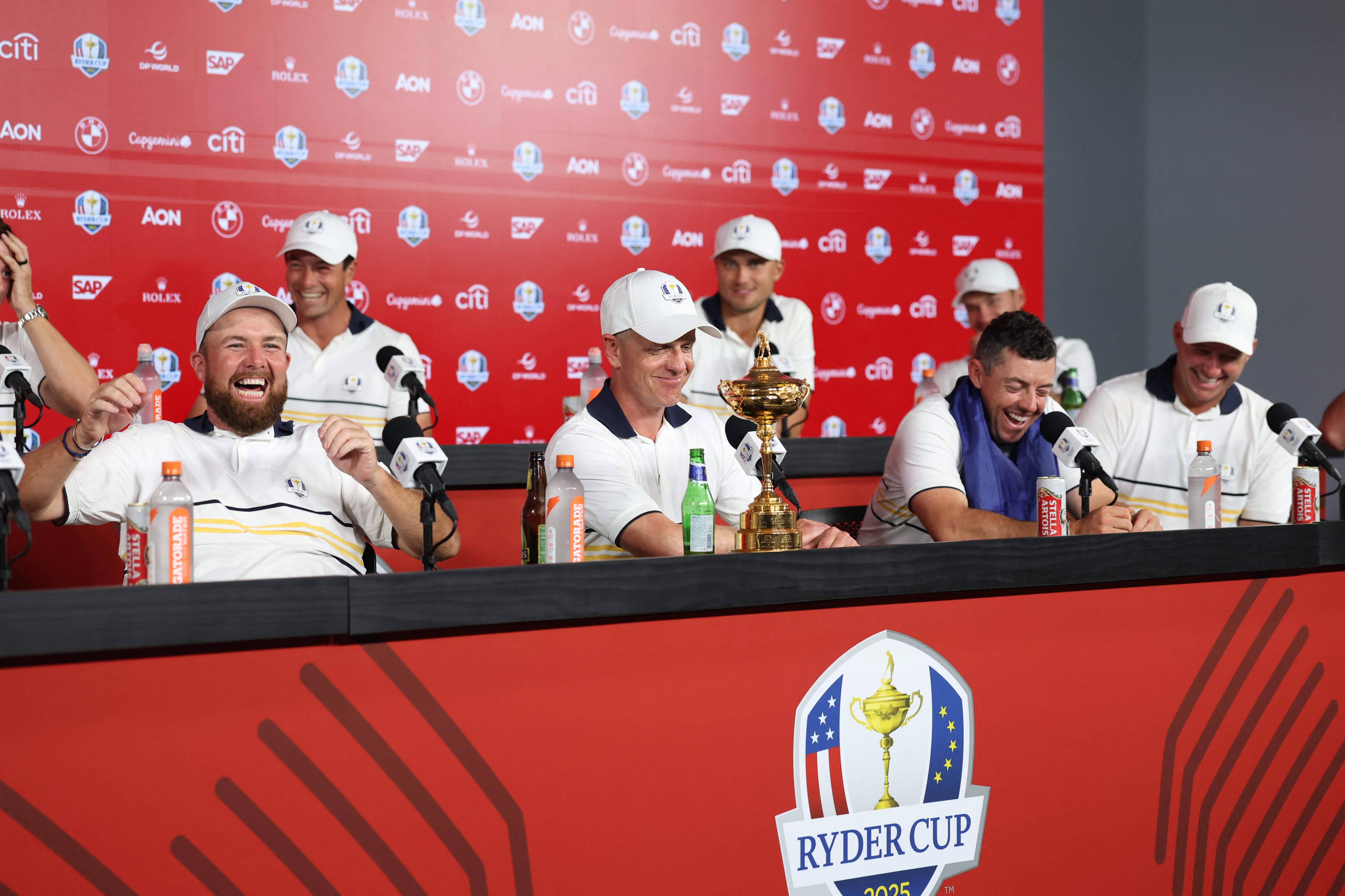 The European players laugh during the winners' press conference