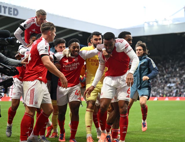 <p>Gabriel Magalhaes celebrates scoring the 2nd Arsenal goal</p>