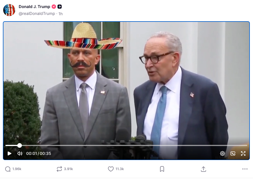 Trump posted digitally altered video of Hakeem Jeffries and Chuck Schumer on Truth Social on Monday night, after Democrats and Republicans failed to reach an agreement to stop a government shutdown