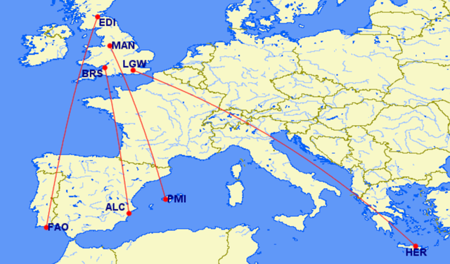 <p>Lost in France? Flight routes from Edinburgh to Faro, Birmingham to Alicante, Manchester to Palma and Gatwick to Heraklion</p>