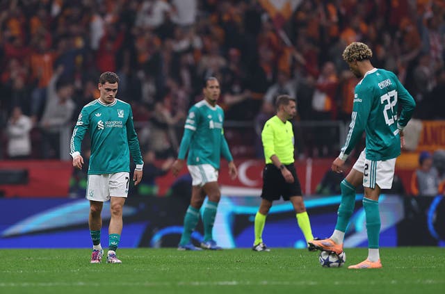 <p>Florian Wirtz and Hugo Ekitike of Liverpool look dejected after Victor Osimhen of Galatasaray scored</p>