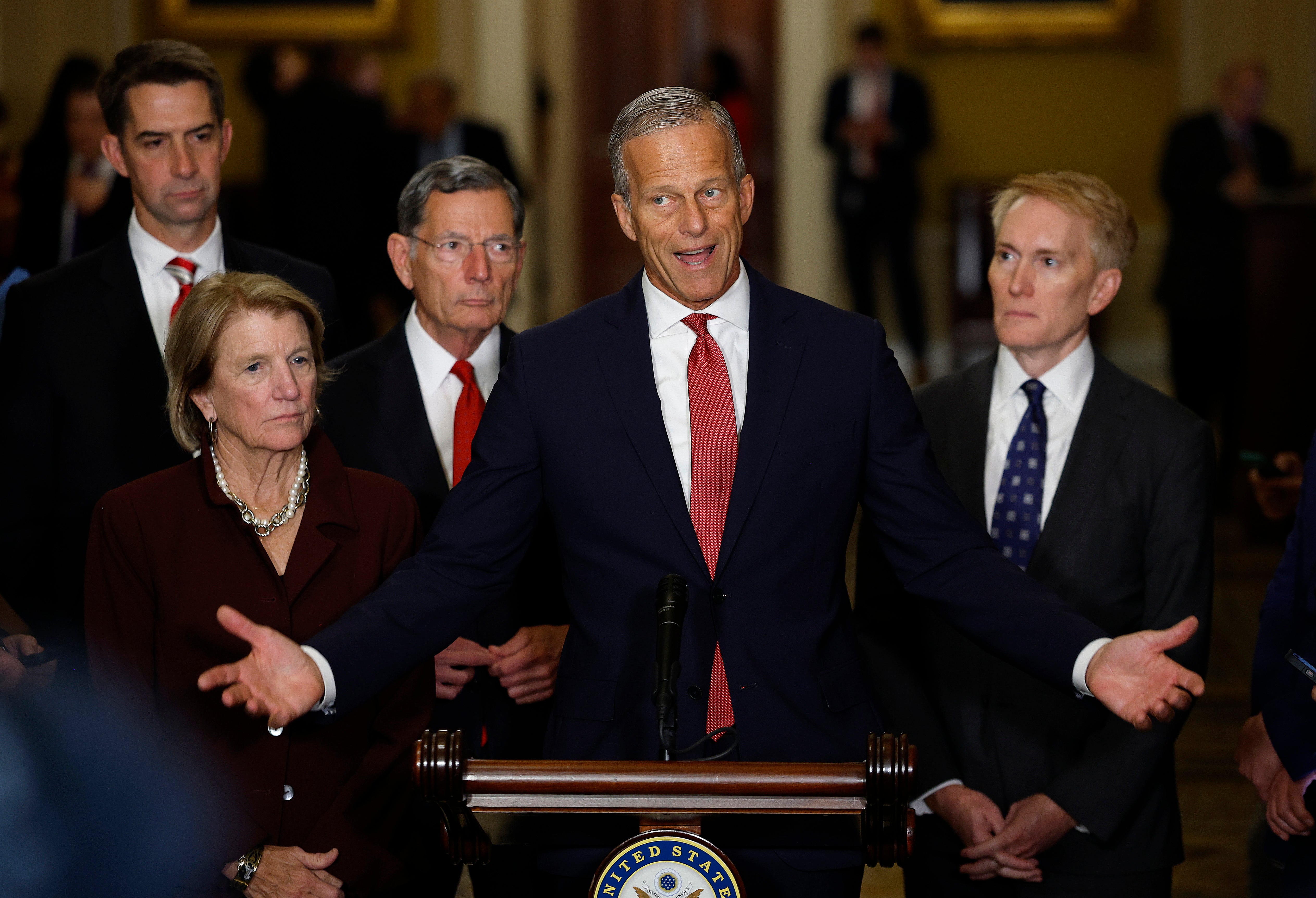 Senate Majority Leader John Thune (R-SD) speaks to the media at the U.S. Capitol on Tuesday as talks with Democrats broke down.