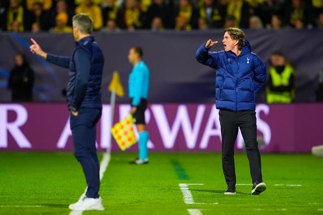 Tottenham head coach Thomas Frank gestures during the 2-2 draw at Bodo/Glimt (Lise Åserud/NTB Scanpix via AP/PA)