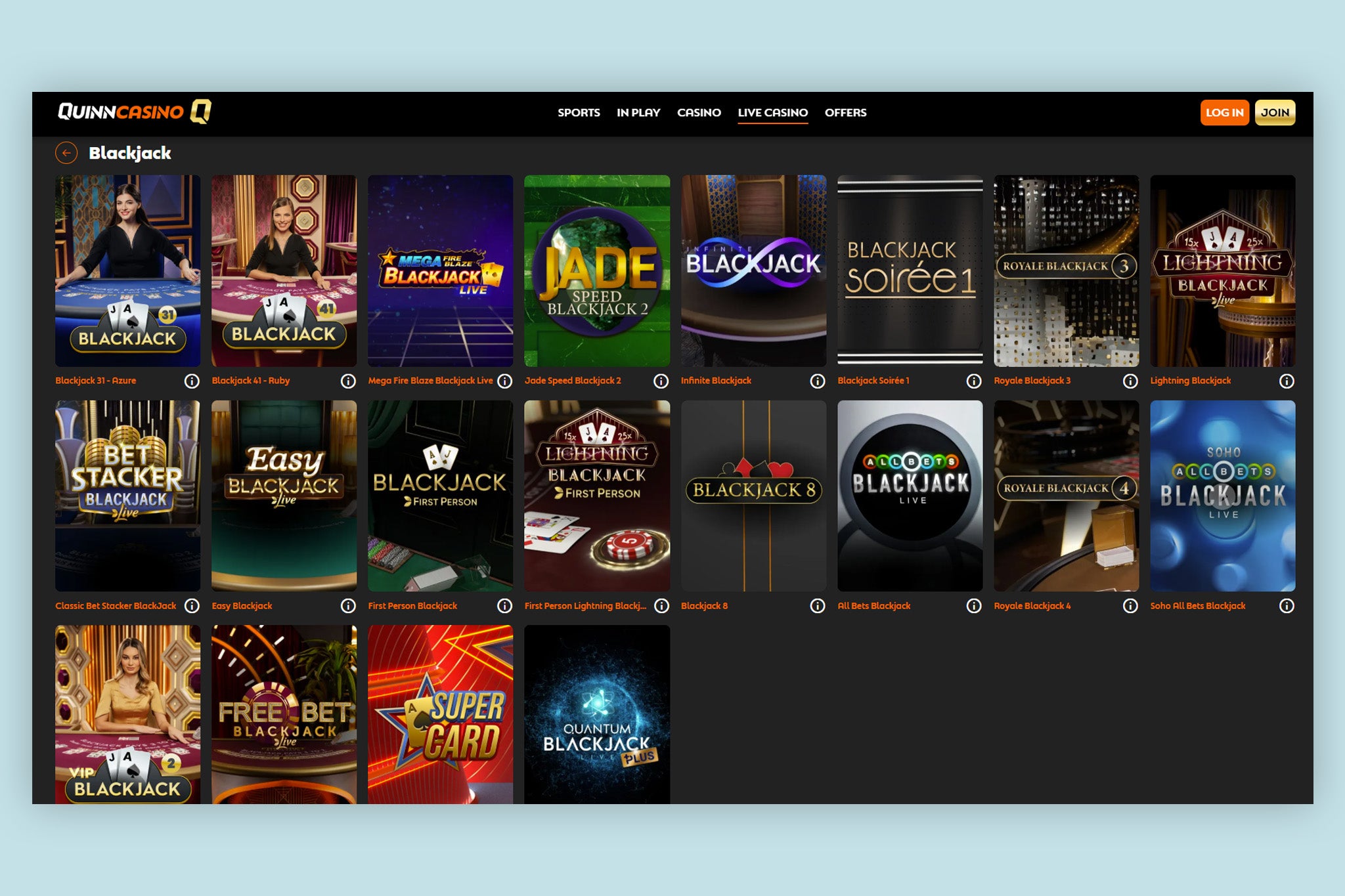 There’s plenty of blackjack options in QuinnCasino’s live section