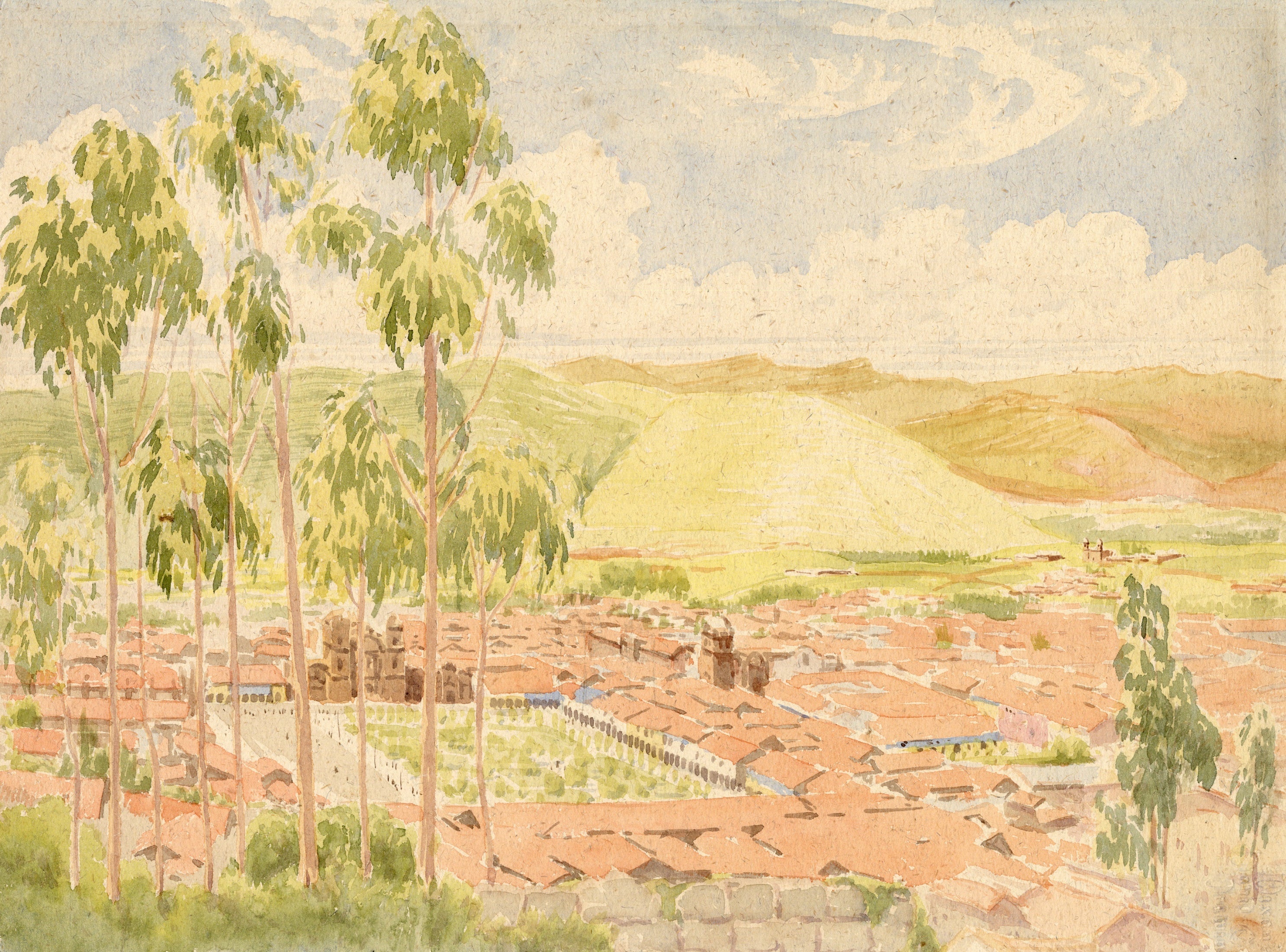 A watercolour of Cuzco in Peru by artist Victor Coverley-Price from 1932