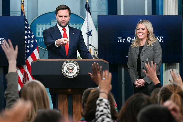 Vice President JD Vance takes questions next to Press Secretary Karoline Leavitt