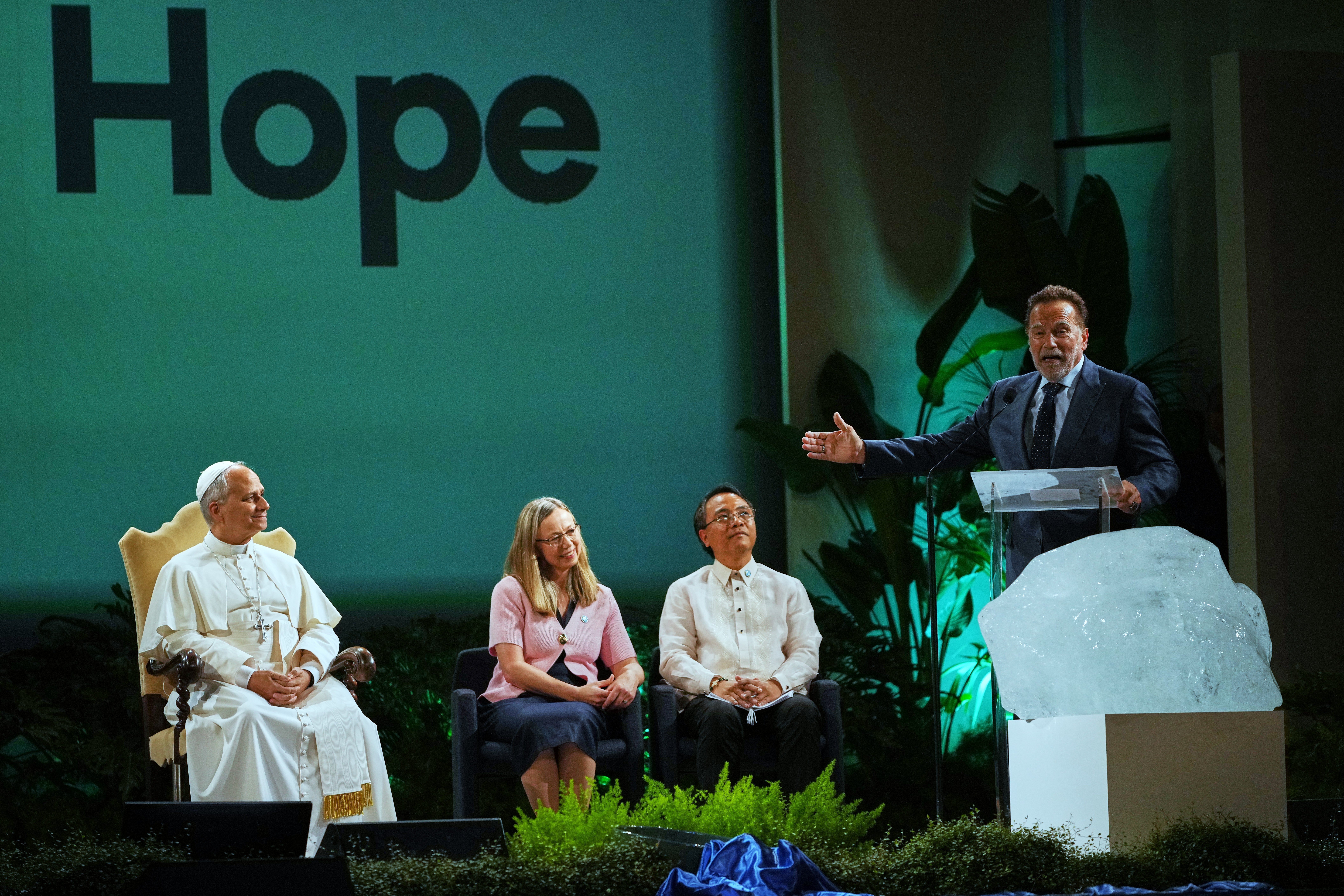 The Pope was joined on stage by Arnold Schwartzenegger