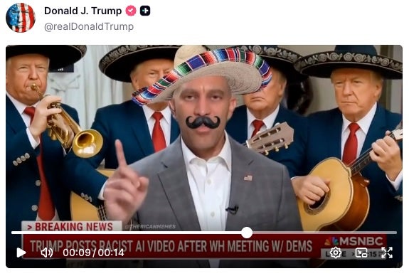 An AI-generated mariachi band, whose members all had Trump’s face and signature blue suit and red tie, was added into the background of the second AI clip
