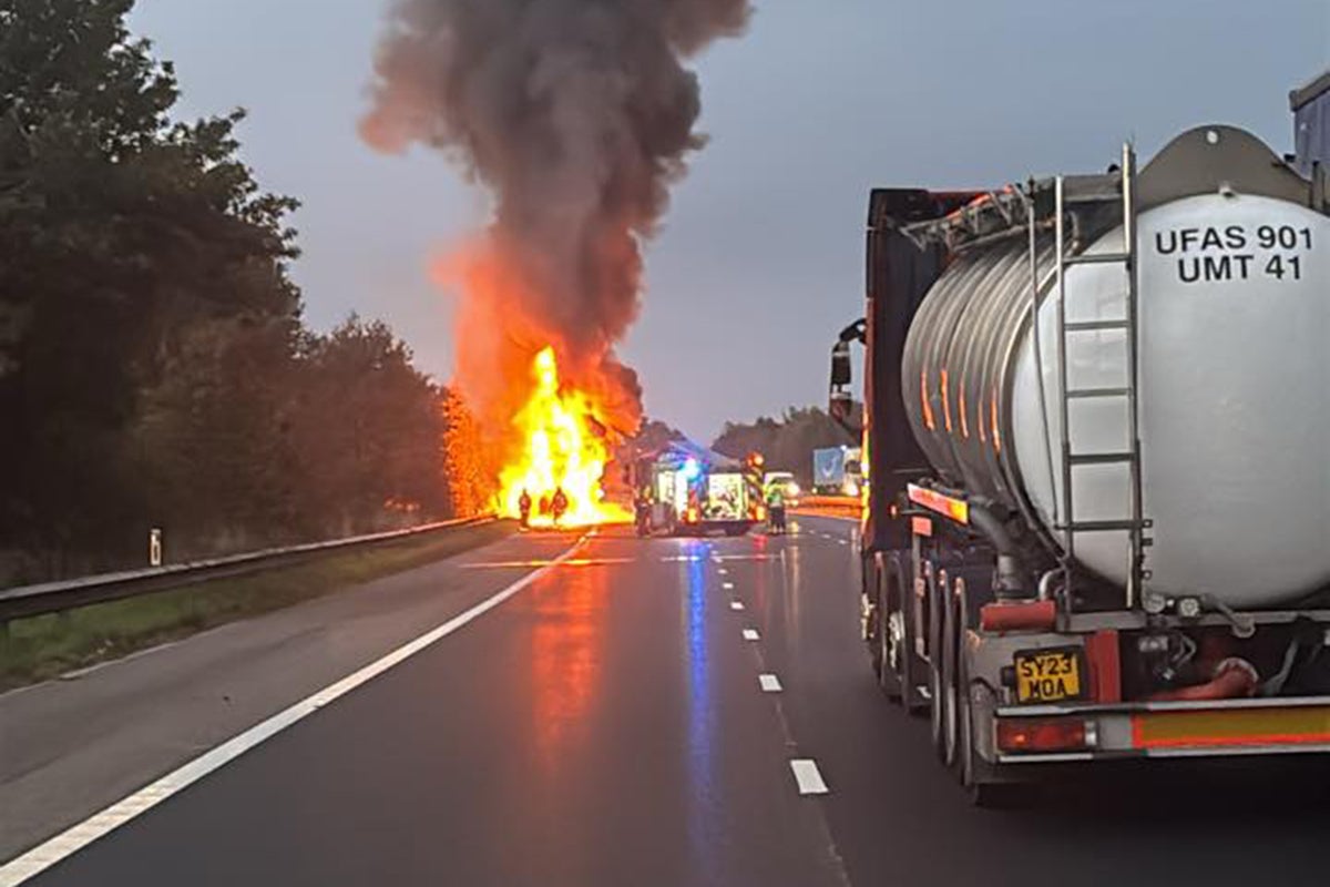 Drivers suffer delays on M5 after lorry transporting electric cars catches fire