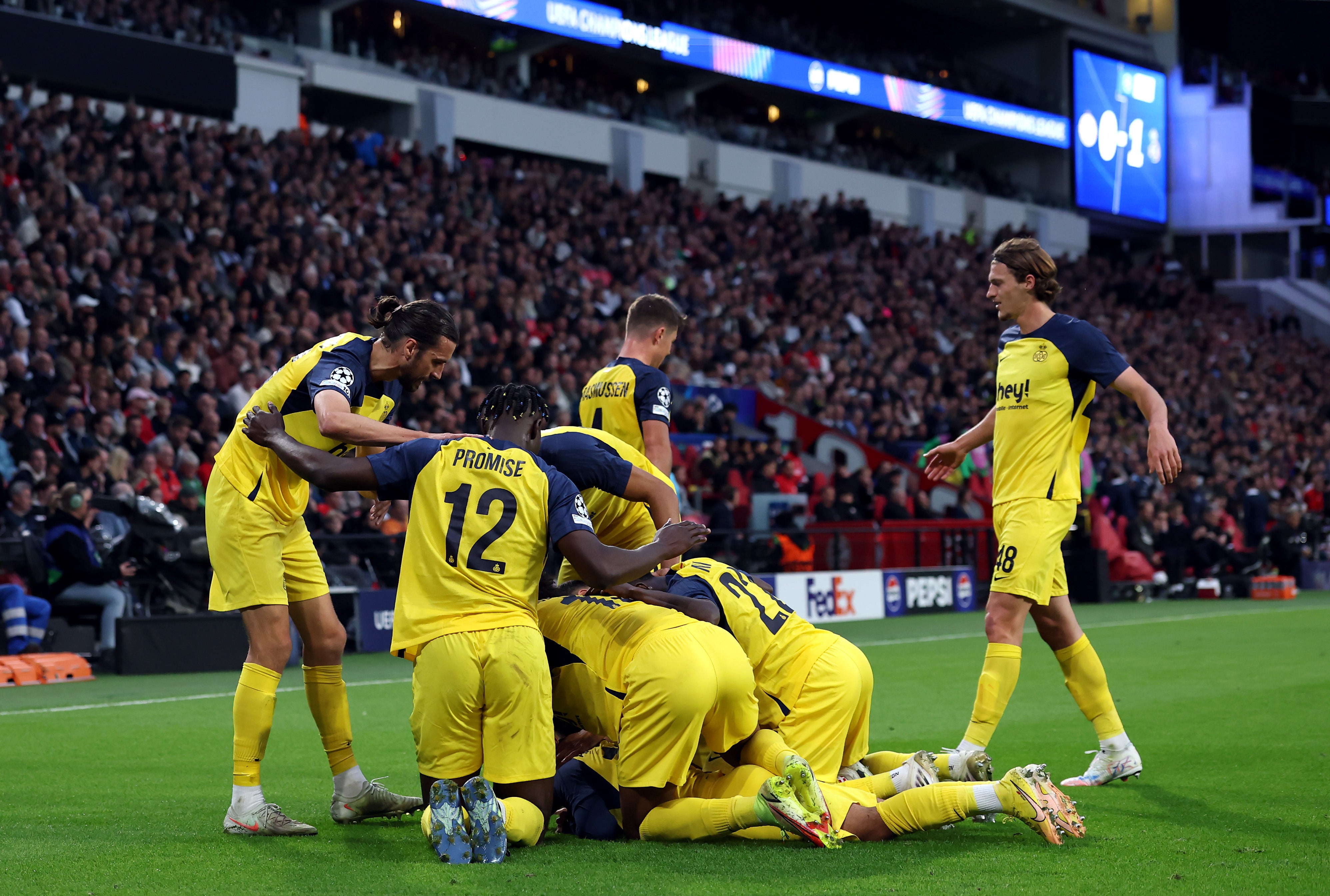 <p>Union players celebrate during their Champions League win over PSV</p>