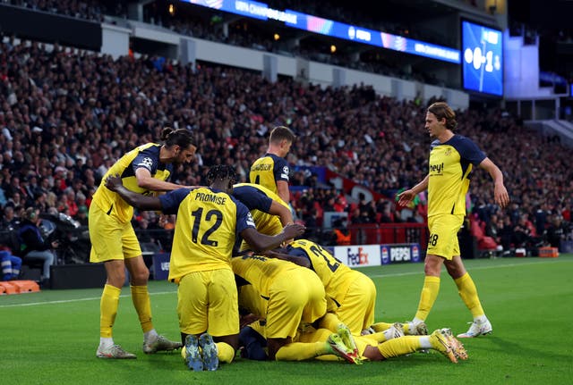 <p>Union players celebrate during their Champions League win over PSV</p>