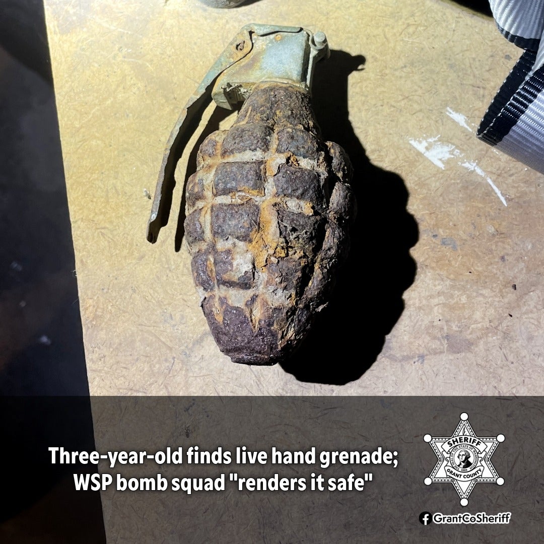 Three-year-old finds a live World War II-era hand grenade in his family's front yard in Hartline, Washington