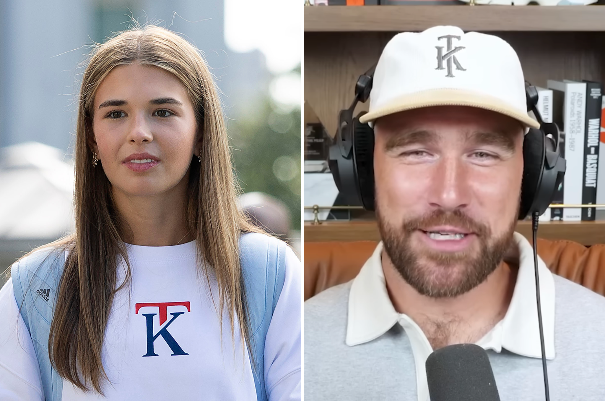 <p>Donald Trump's eldest grandchild, Kai (left) launched new merch with a logo similar to Travis Kelce's (right) partnership with American Eagle</p>