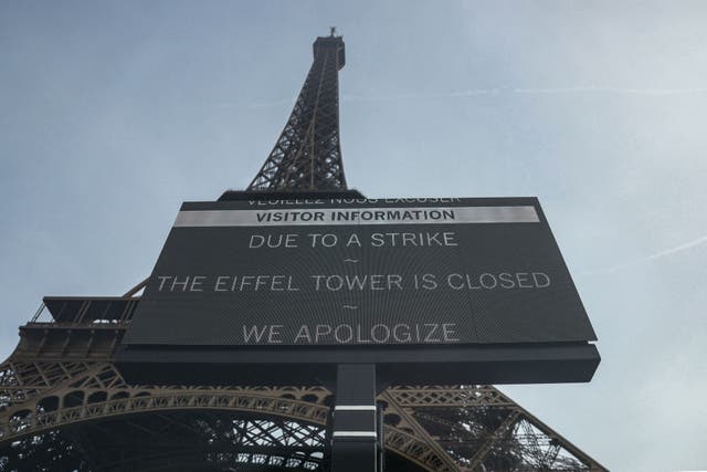 <p>Eiffel Tower is closed amid a nationwide day of strikes called by France's eight biggest workers unions</p>
