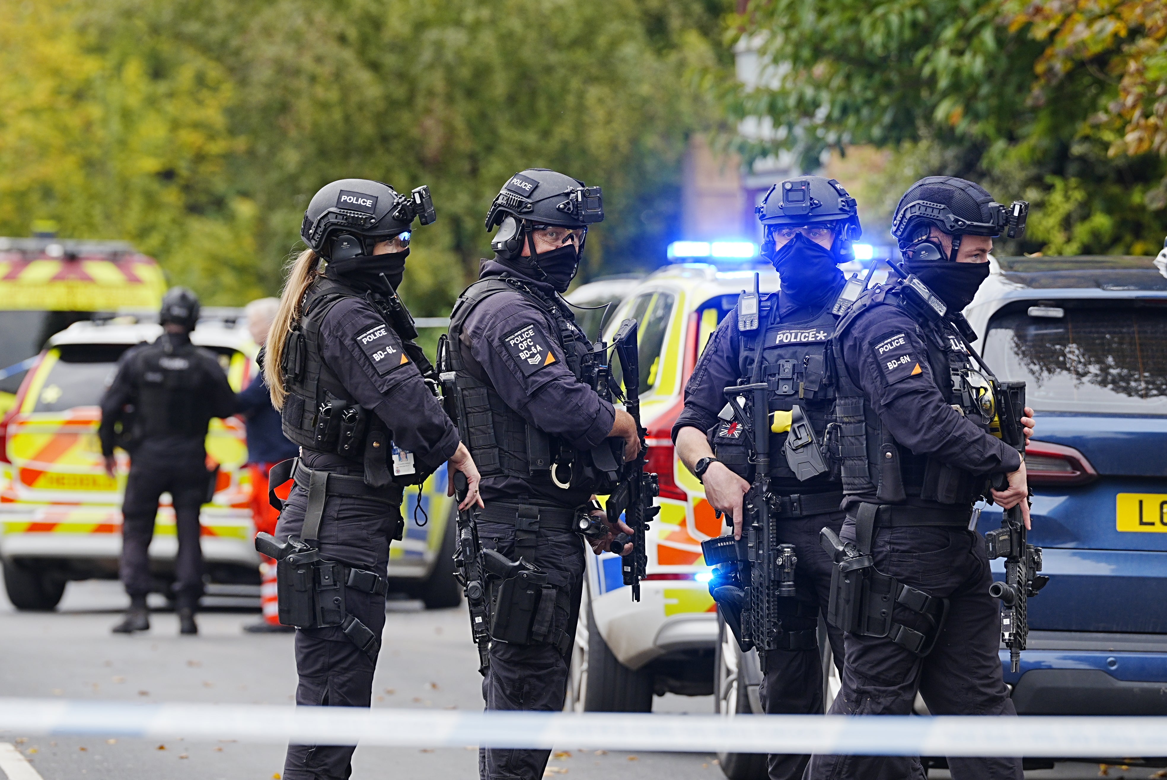 Armed police officers at the scene near the Heaton Park Hebrew Congregation synagogue in Crumpsall, Manchester