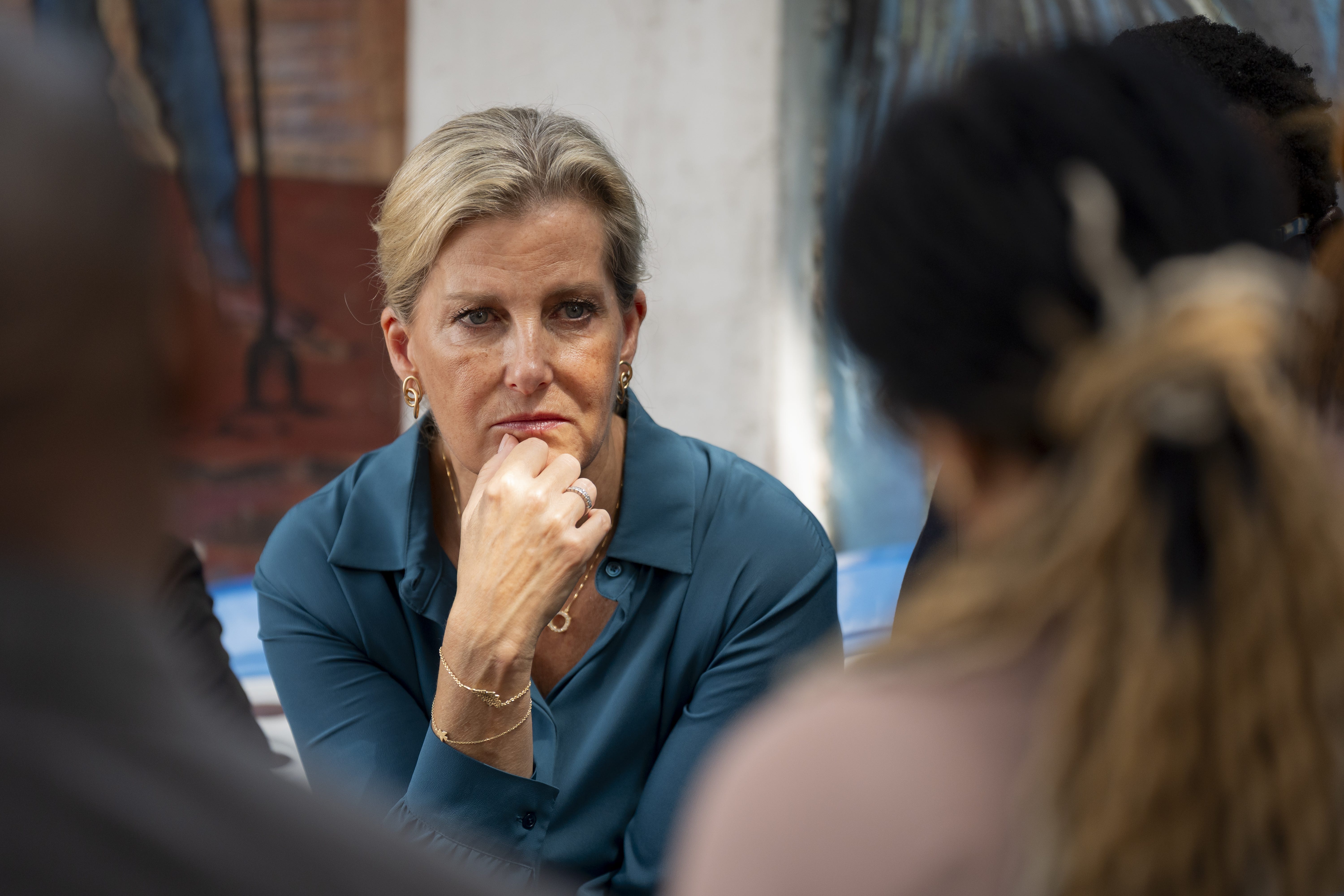 The Duchess of Edinburgh talks with people at the Makala Prison Safe House in Kinshasa, Democratic Republic of Congo (Aaron Chown/PA)