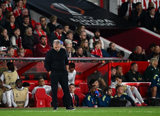 <p>Ange Postecoglou, Manager of Nottingham Forest, looks dejected after his team concede their third goal </p>