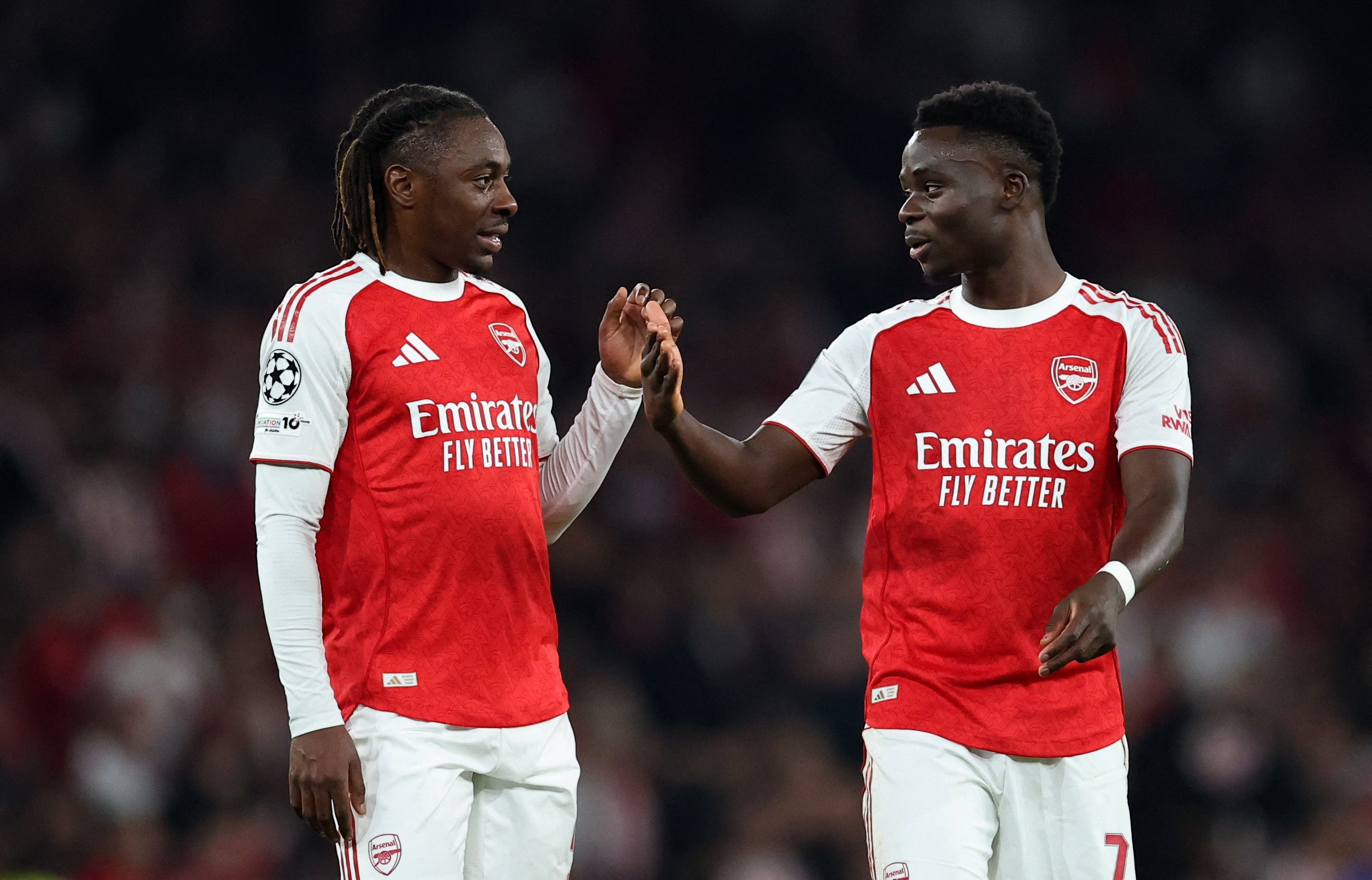 <p>Arsenal's Eberechi Eze and Bukayo Saka celebrate </p>
