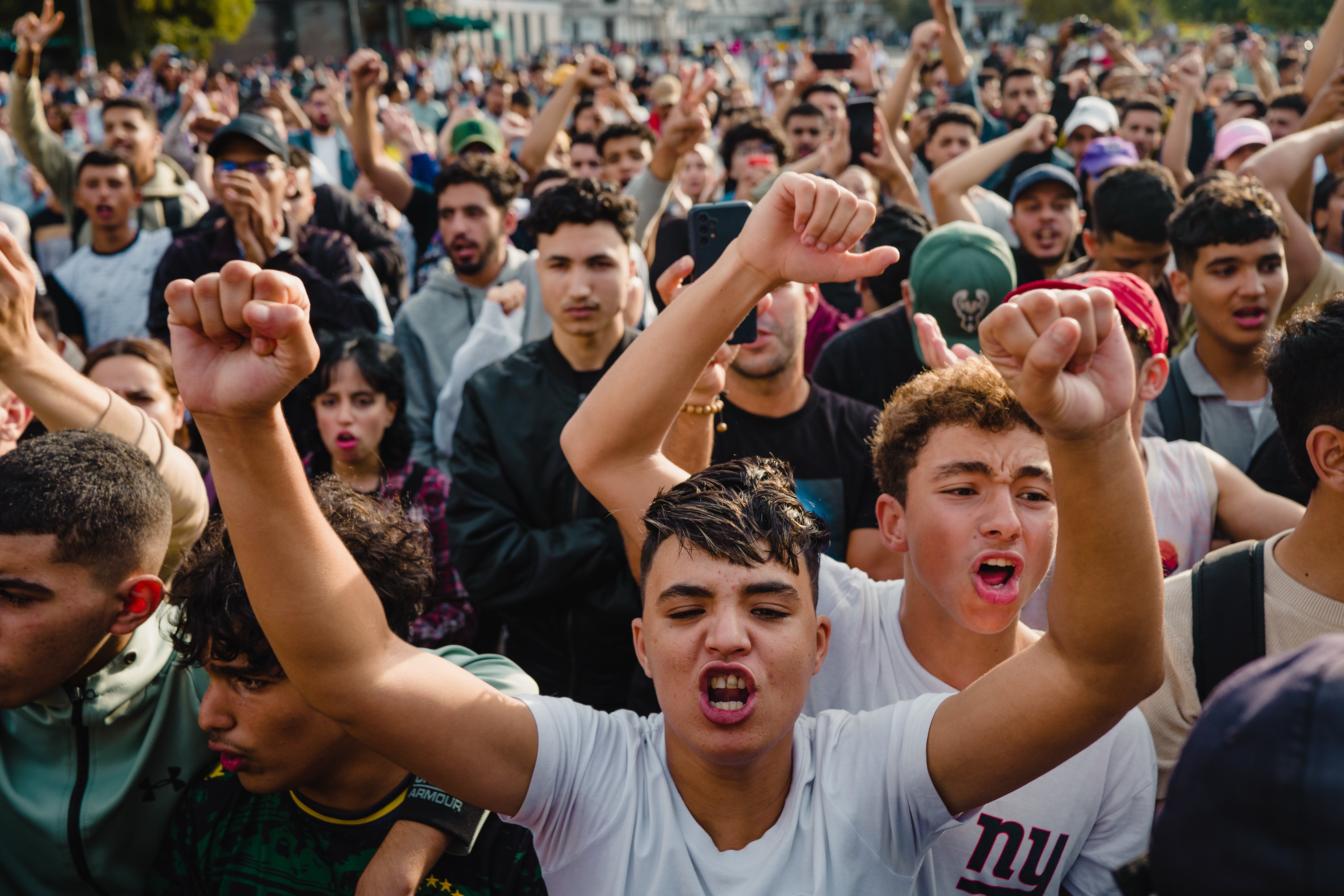 <p>People protest against corruption and calling for healthcare and education reform, in Casablanca, Morocco, Thursday, Oct. 2, 2025. (AP Photo)</p>