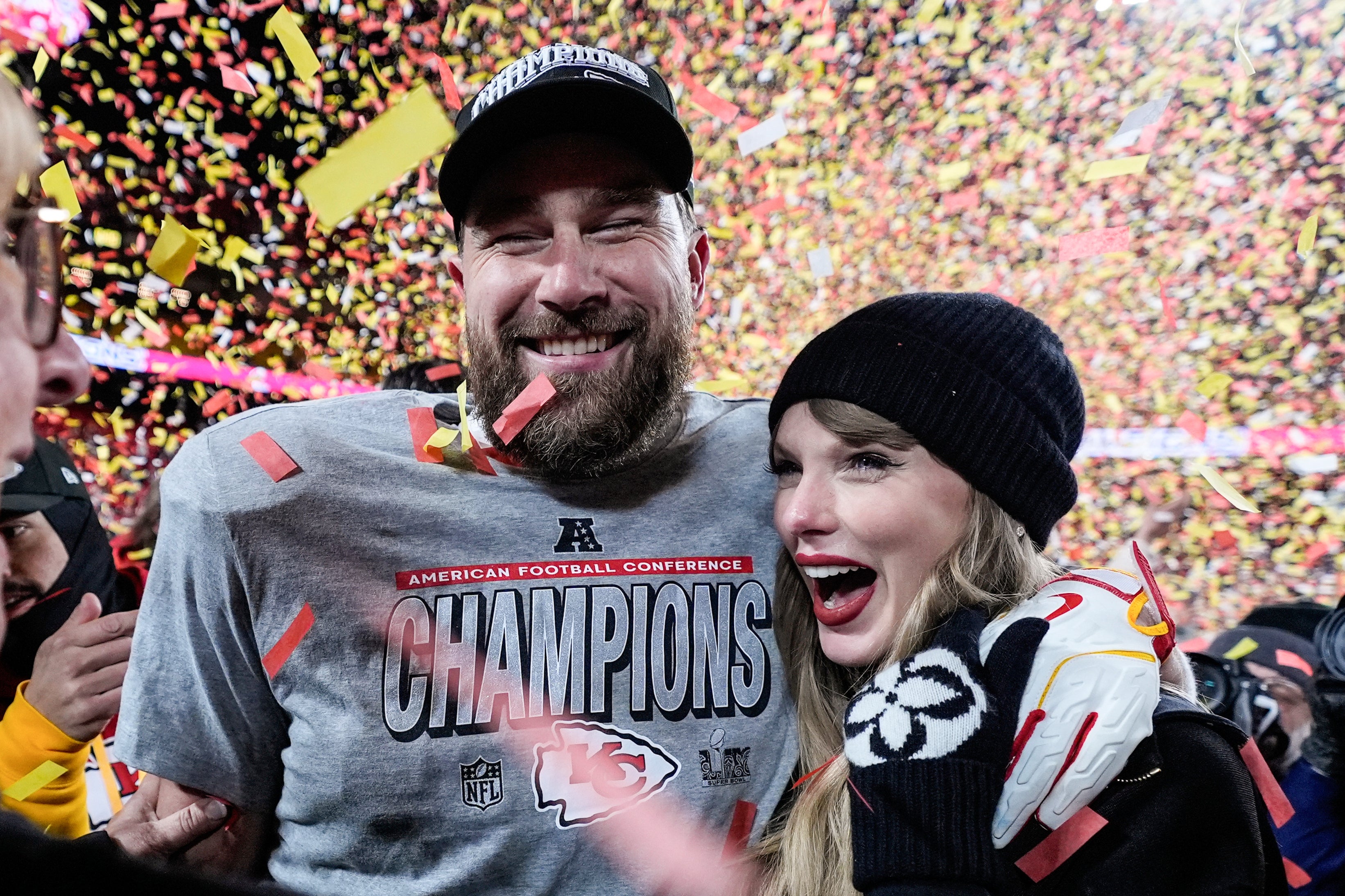 Travis Kelce, left, and Taylor Swift pose after the AFC Championship NFL football game against the Buffalo Bills, Jan. 26, 2025, in Kansas City, Mo. (AP Photo/Ashley Landis, File)