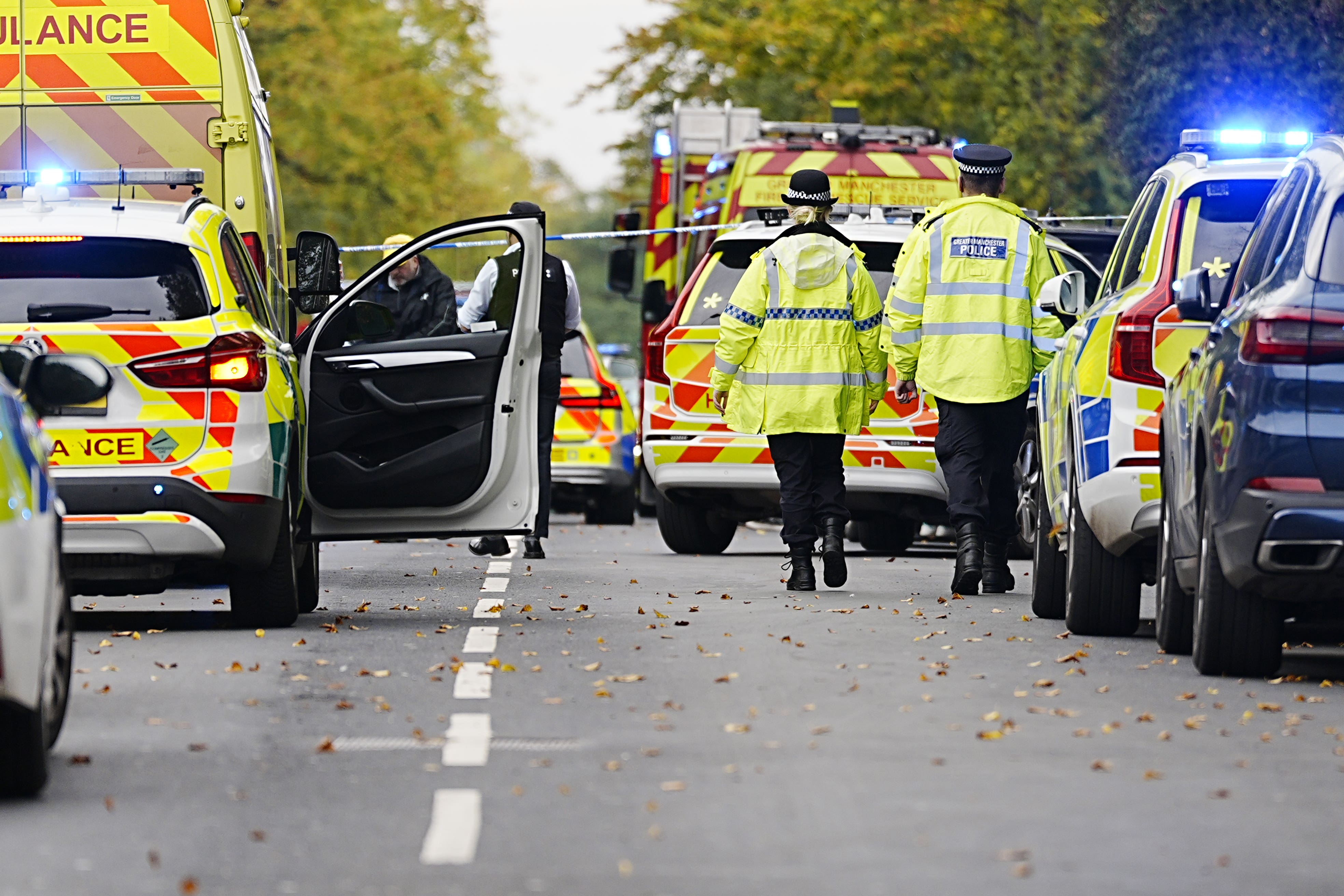 Emergency services at the scene of the incident at Heaton Park Hebrew Congregation Synagogue in Crumpsall, Manchester