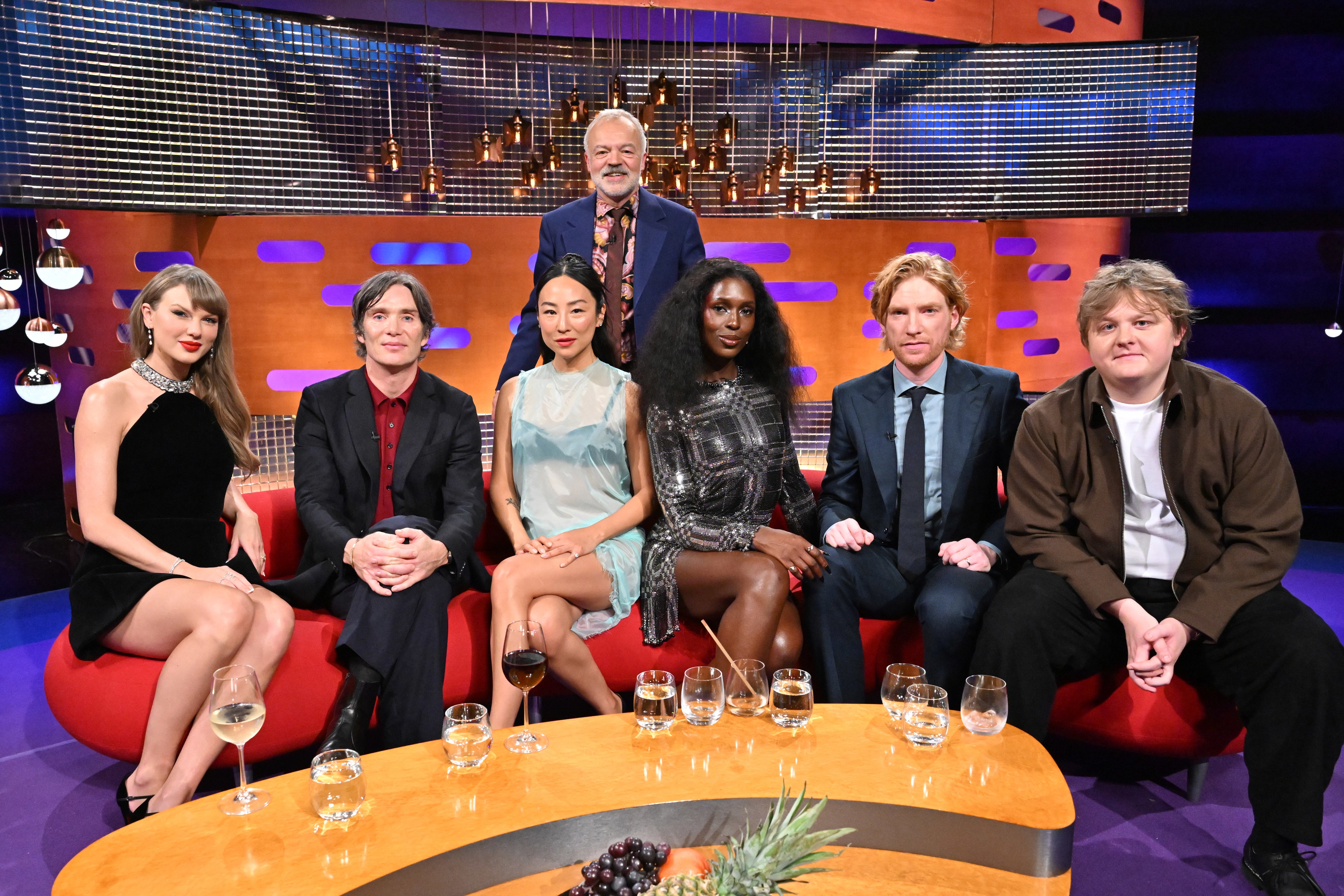 Taylor Swift, Cillian Murphy, Greta Lee, Jodie Turner-Smith, Domhnall Gleeson and Lewis Capaldi appearing on the Graham Norton Show (Matt Crossick Media Assignments/PA)
