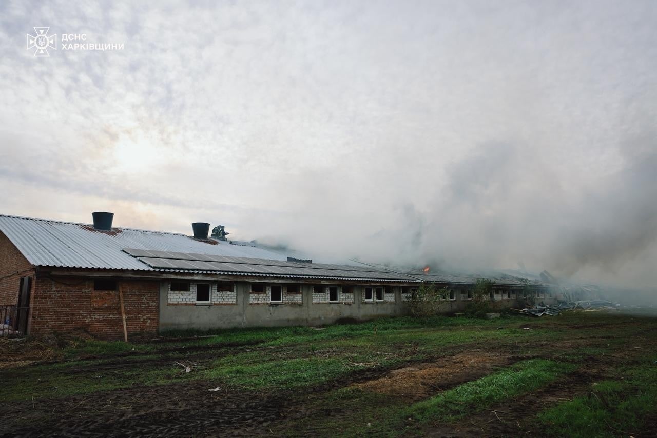 Smoke billows from the pig farm in Kharkiv after the overnight Russian strike