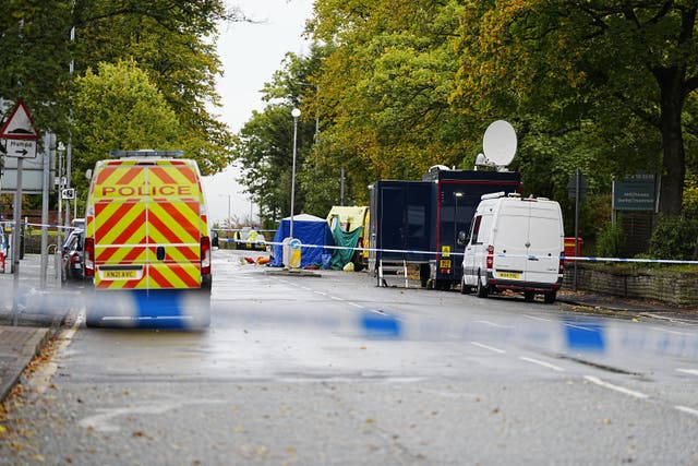 The police investigation continues at the scene near Heaton Park Hebrew Congregation synagogue in Crumpsall, Manchester (Peter Byrne/PA)