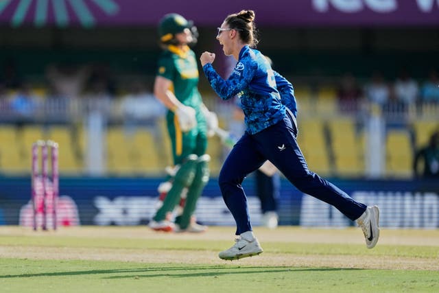 Linsey Smith took three early wickets as England hammered South Africa (Anupam Nath/AP)