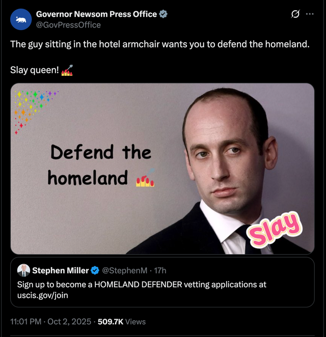 <p>Newsom's press office posted this meme on Thursday, one day after posting an AI-generated image of President Donald Trump as Marie Antoinette</p>