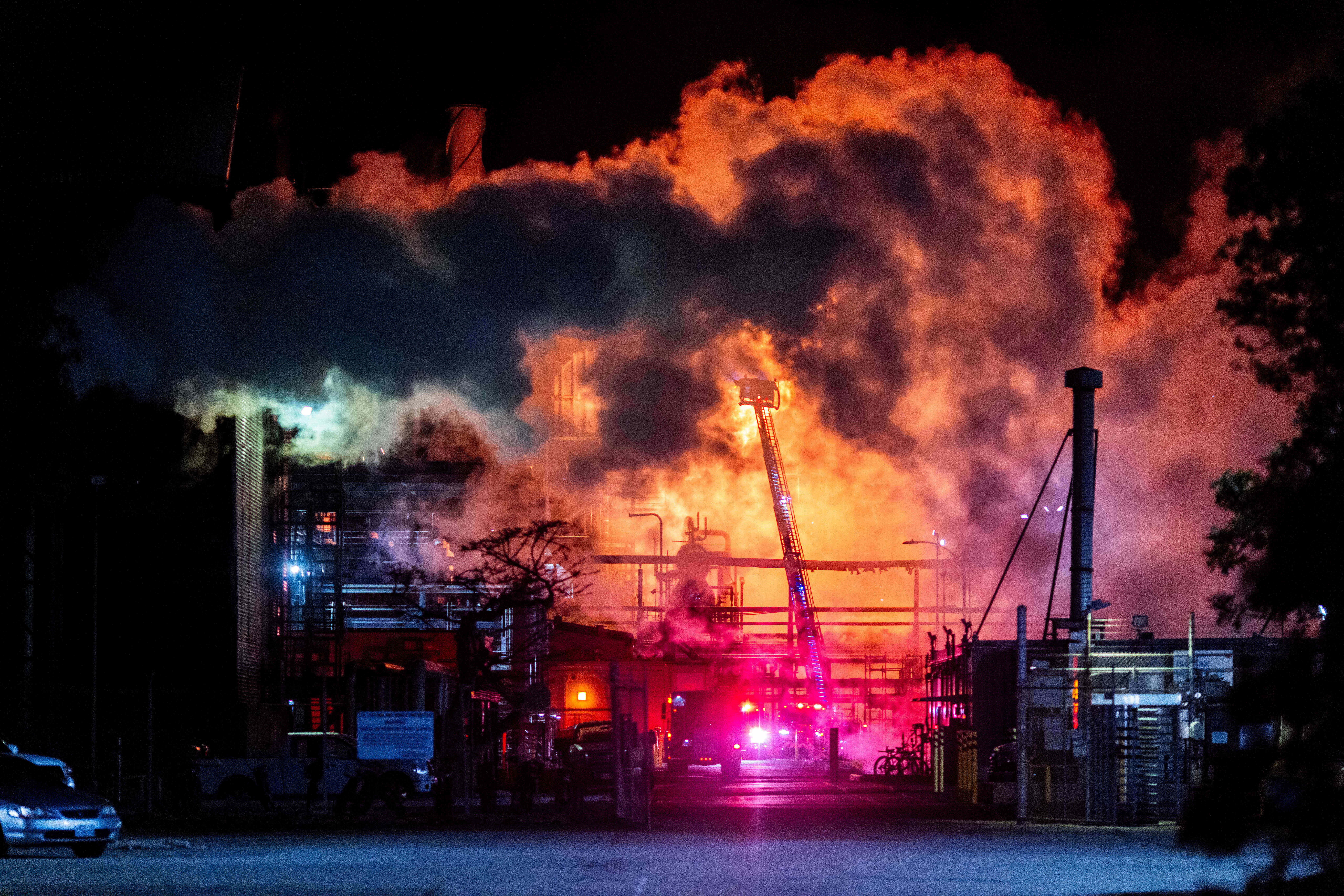 Flames rise from the Chevron refinery in El Segundo, California as fire crews tackle the blaze