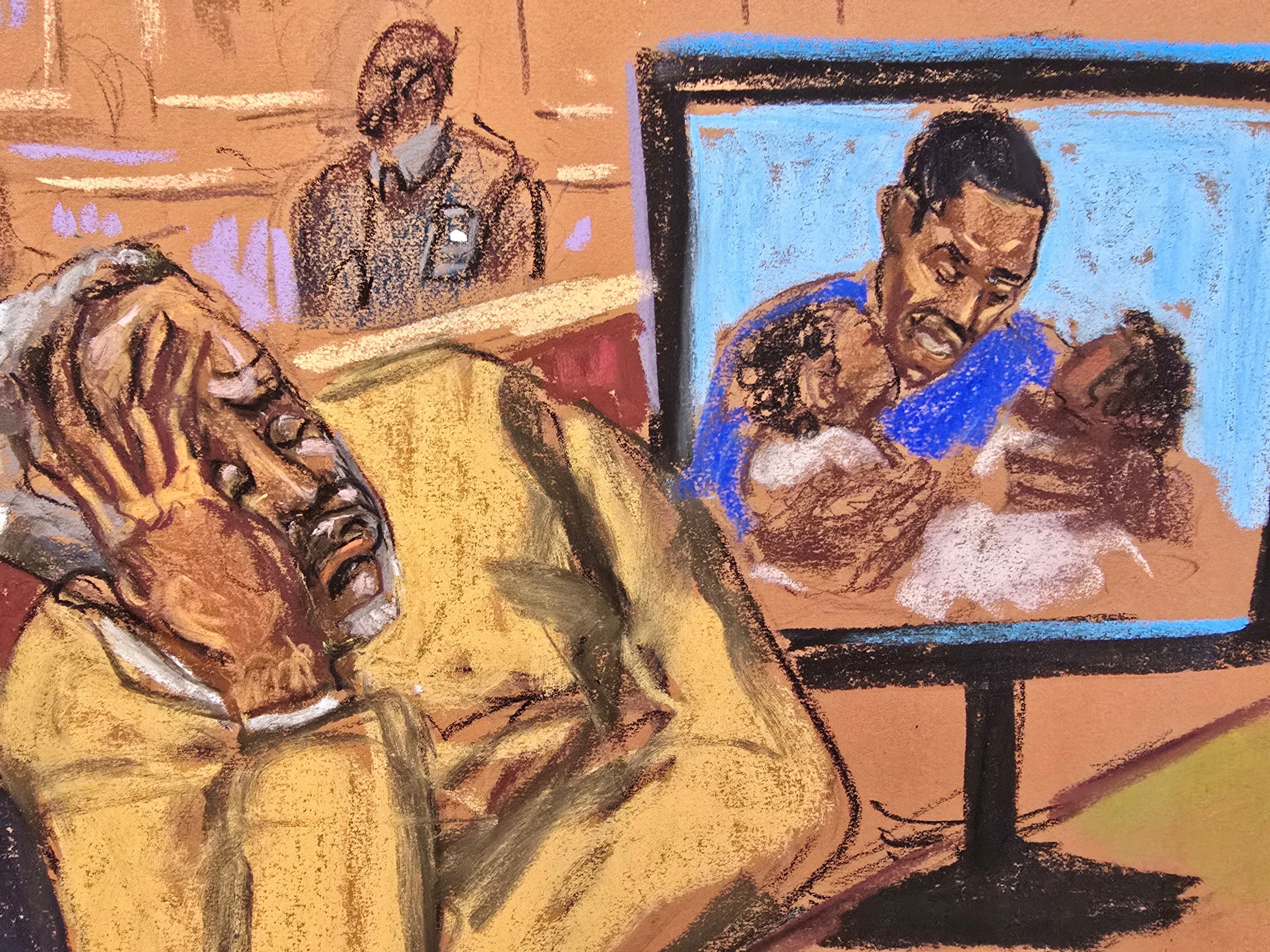 The rapper became emotional, slouching in his seat, as he watched a 15-minute video that contained media clips and home videos from his adult life