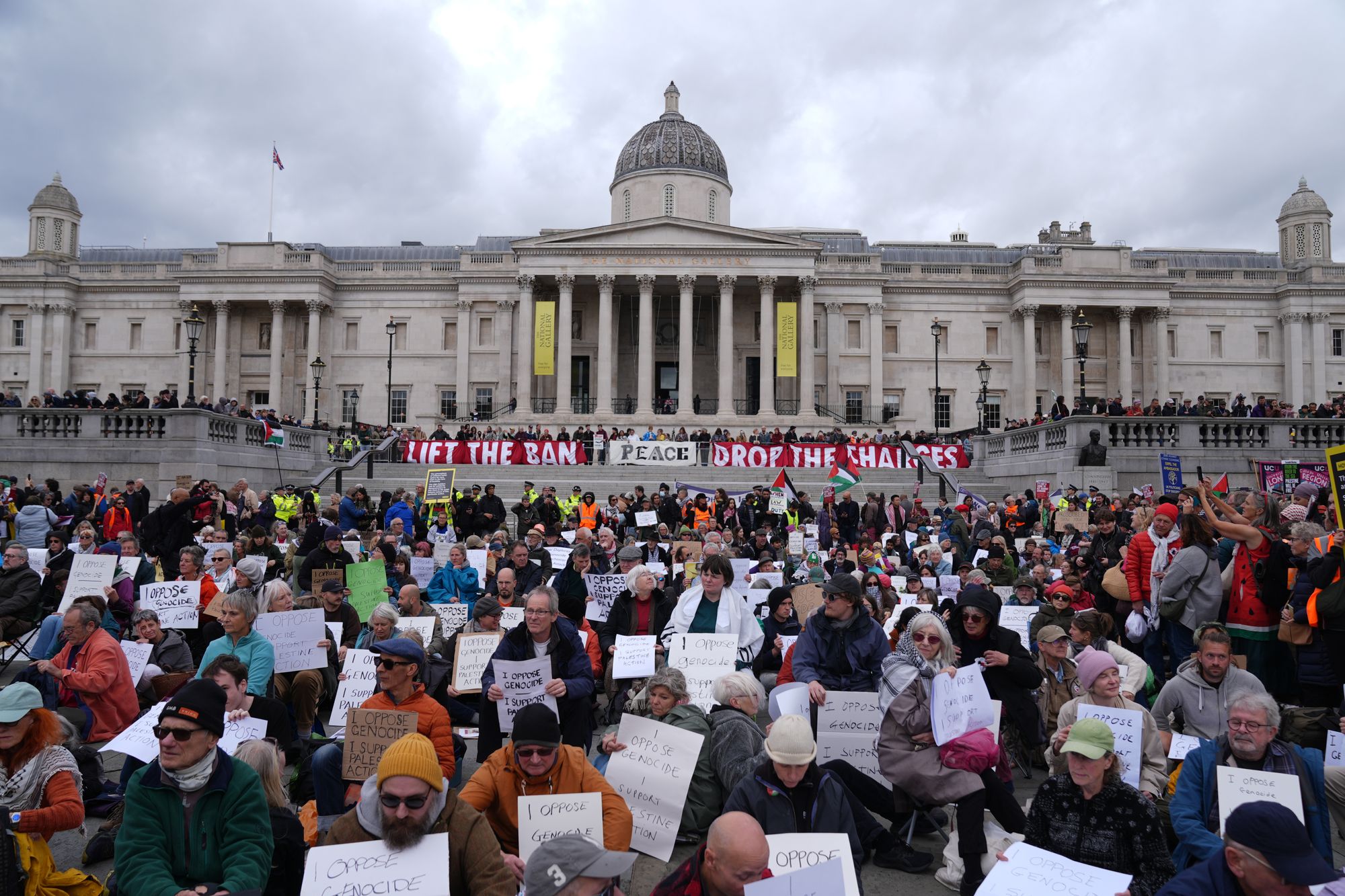 Protesters taking part in a demonstration in support of Palestine Action in Trafalgar Square, London, on Saturday