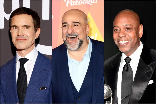 <p>L-R: Jimmy Carr, Omid Djalili and Dave Chappelle are taking part in the controversial Riyadh comedy festival</p>