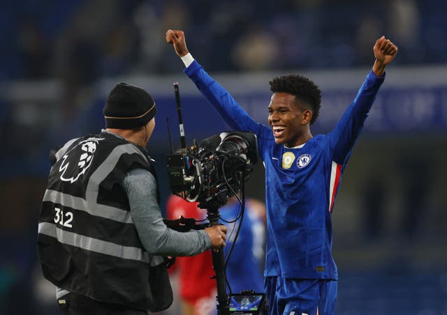 <p>Estevao celebrates Chelsea's win after his 95th minute winner</p>