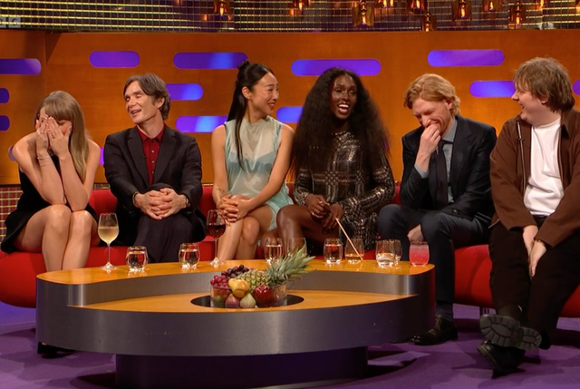 <p>L-R: Taylor Swift, Cillian Murphy, Greta Lee, Jodie Turner-Smith, Domhnall Gleeson and Lewis Capaldi on The Graham Norton Show</p>