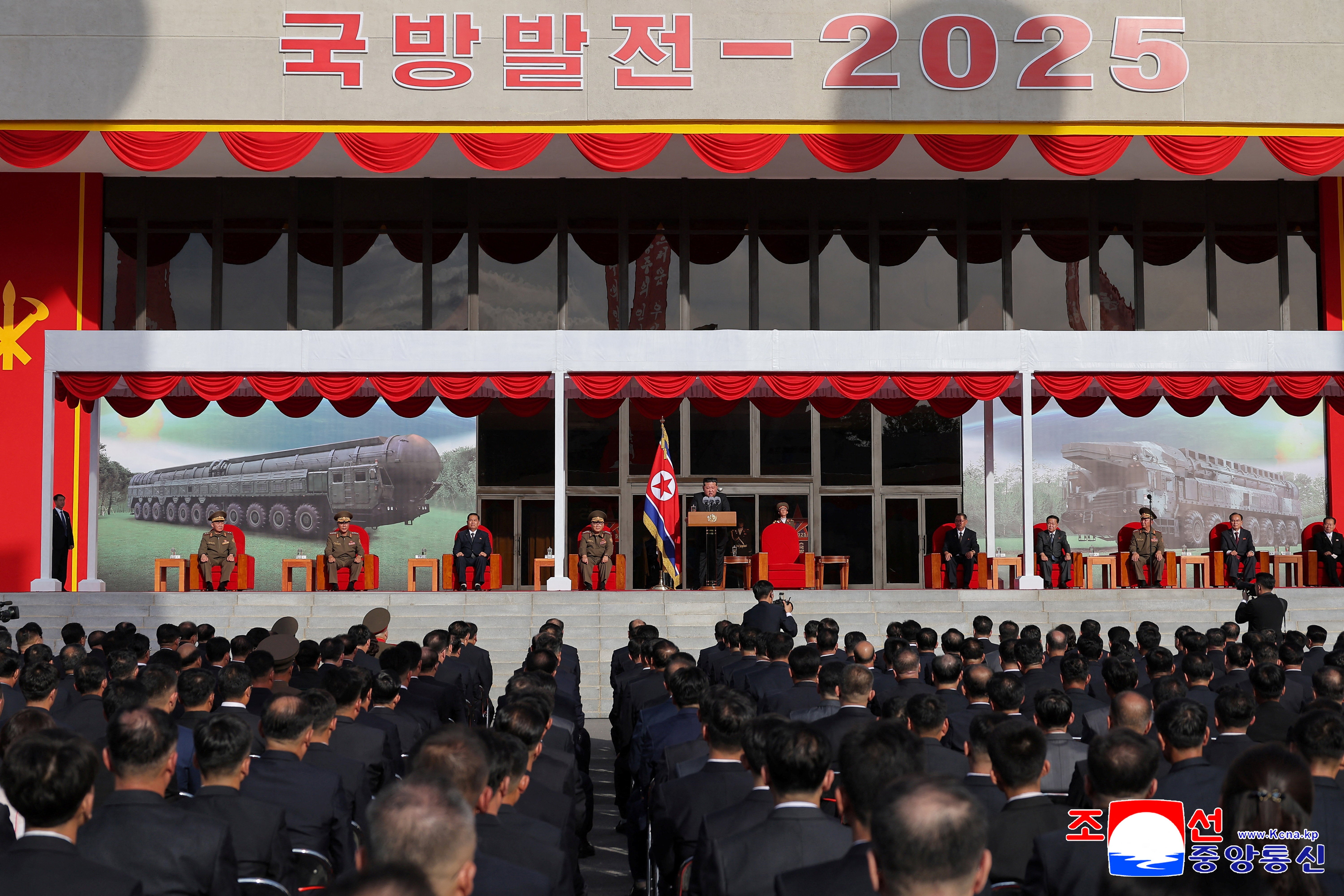 North Korean leader Kim Jong Un speaks during the Defence Development 2025 military exhibition event ahead of the 80th founding anniversary of the Workers' Party, in Pyongyang