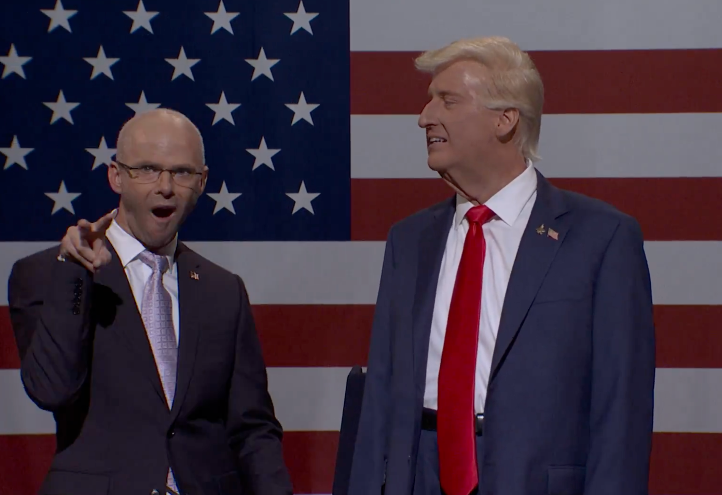 SNL cast members Mikey Day and James Austin Johnson parody FCC Chair Brendan Carr and Donald Trump. The long-running sketch show aired the first episode of season 51 on October 4