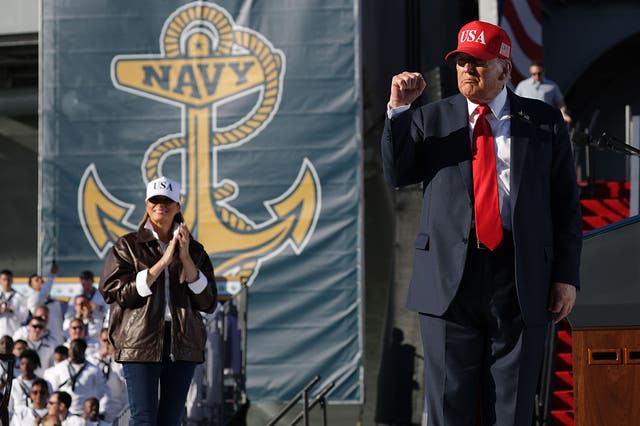 <p>Donald Trump and Melania Trump spoke Sunday at an event commemorating the 250th anniversary of the Navy and the Marine Corps</p>