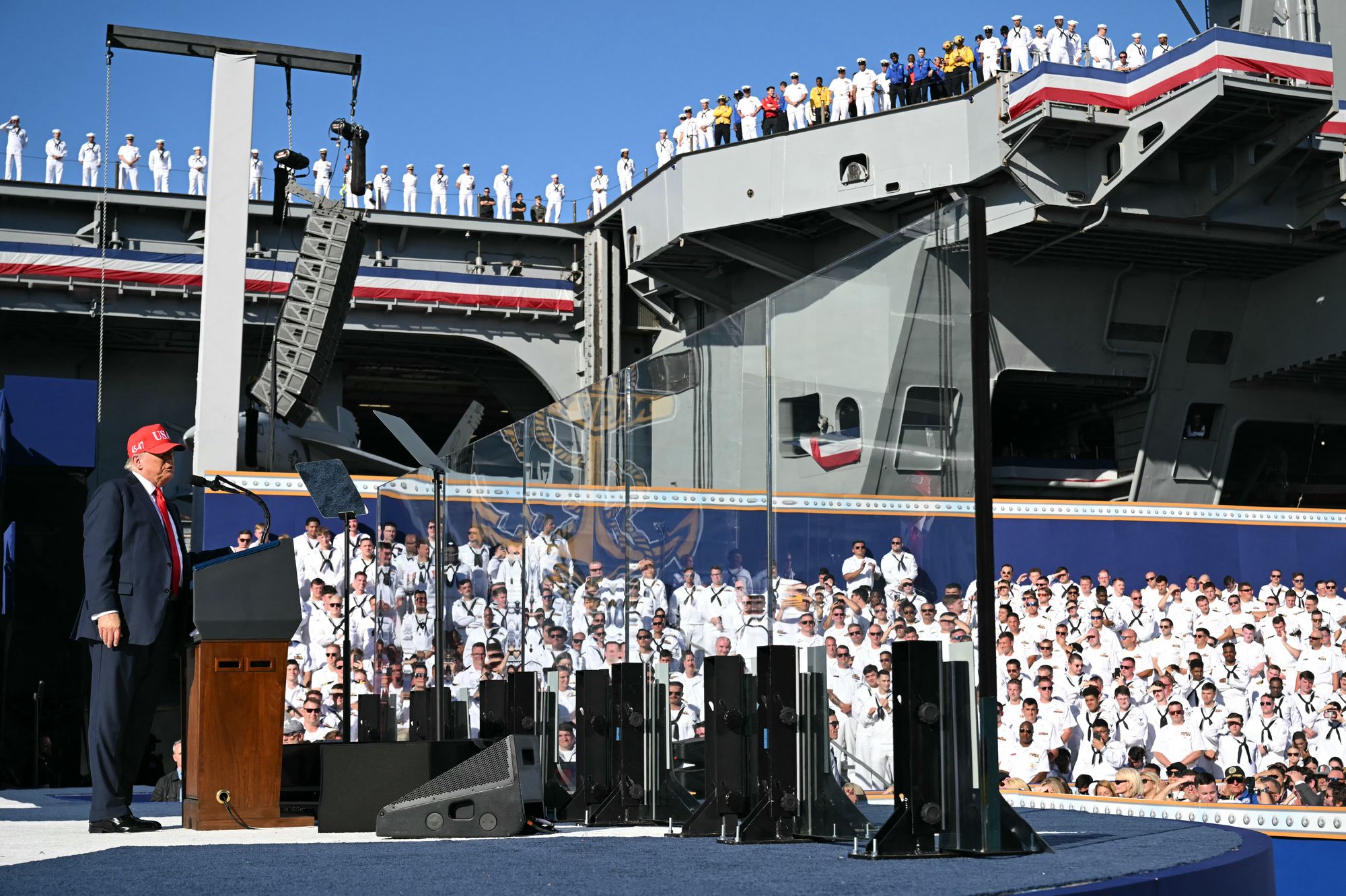 Donald Trump spoke about how the military supposedly embraced 'political correctness' in a speech to Naval cadets, officers and guests on Sunday in Norfolk
