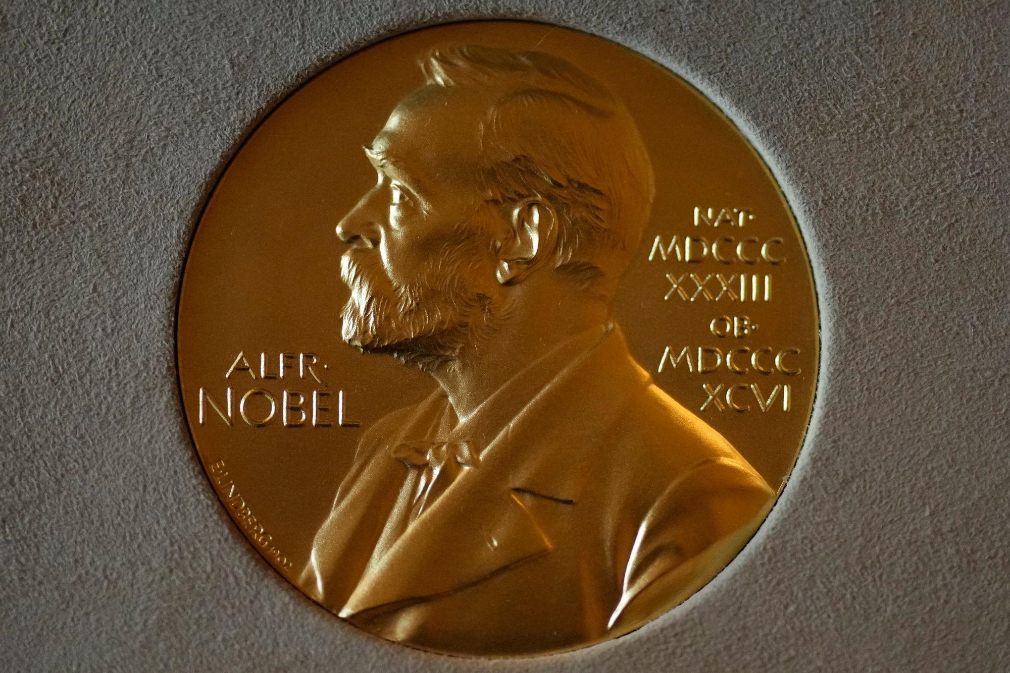 A Nobel Prize medal is displayed before a ceremony at the Swedish Ambassador's Residence in London